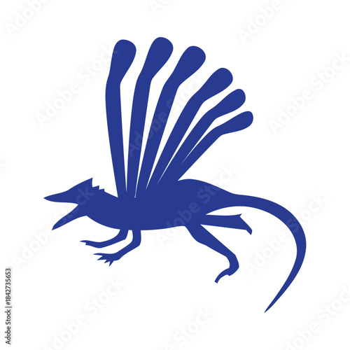 Dynamic blue silhouette of a unique fantasy creature, an abstract icon representing ancient reptilian grace and prehistoric power with a distinct dorsal fan