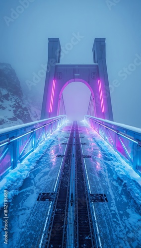 A futuristic cyberpunk winter bridge glowing with neon blue and magenta light, frosted surfaces and soft snow haze creating a clean high-tech scene, ideal for mockups, branding, and sci-fi visuals.