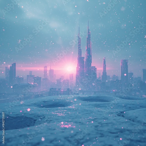 A futuristic snowy cityscape with neon-lit megastructures under icy layers, holographic snowfall, and soft winter sunrise glow, creating a clean cyberpunk holiday scene ideal for mockups and tech bran