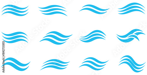 Collection of twelve stylized blue wave icons perfect for water related branding and design projects