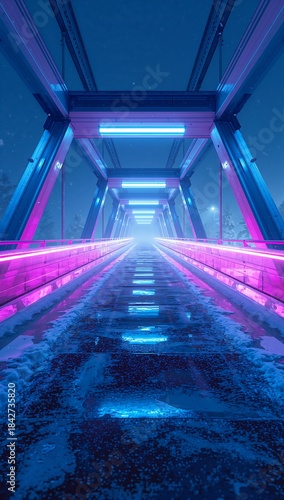 A futuristic cyberpunk winter bridge glowing with neon blue and magenta light, frosted surfaces and soft snow haze creating a clean high-tech scene, ideal for mockups, branding, and sci-fi visuals.
