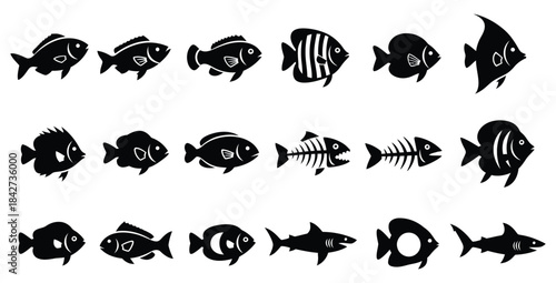 Collection of various black silhouette icons representing different types of fish and skeletons for design use