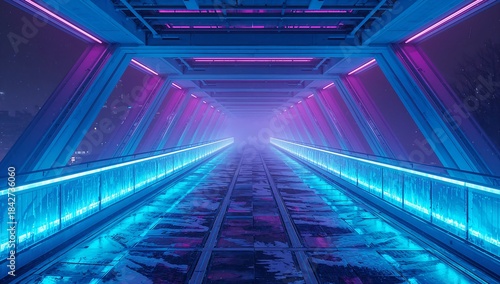 A futuristic cyberpunk winter bridge glowing with neon blue and magenta light, frosted surfaces and soft snow haze creating a clean high-tech scene, ideal for mockups, branding, and sci-fi visuals.
