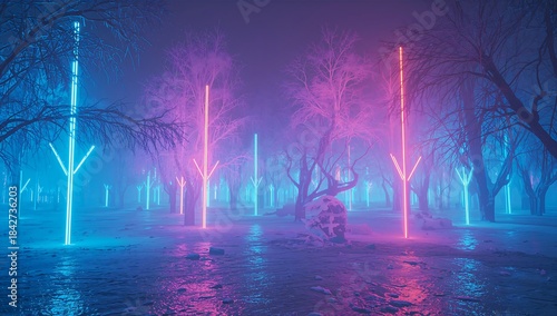 A futuristic snowy cityscape with neon-lit megastructures under icy layers, holographic snowfall, and soft winter sunrise glow, creating a clean cyberpunk holiday scene ideal for mockups and tech bran