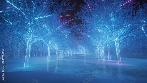 A futuristic snowy cityscape with neon-lit megastructures under icy layers, holographic snowfall, and soft winter sunrise glow, creating a clean cyberpunk holiday scene ideal for mockups and tech bran