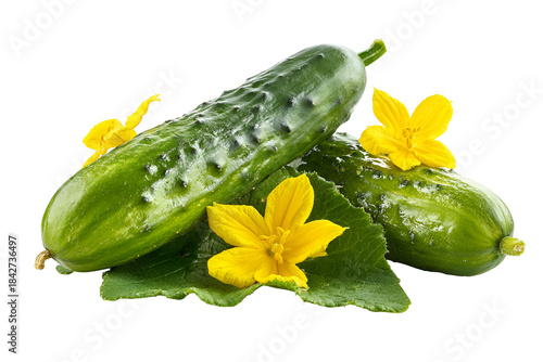 Fresh cucumbers with yellow flowers and leaves isolated on transparent background