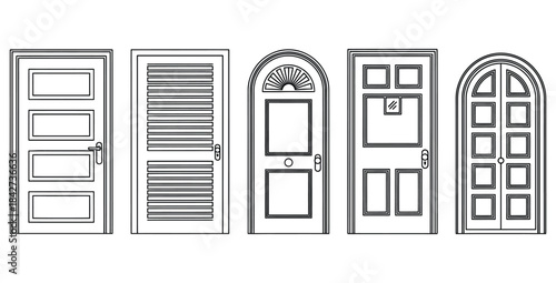 Collection of five distinct exterior and interior door outline icons representing architectural entry options
