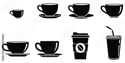Collection of black and white coffee cup icons showing various styles for cafe and beverage design