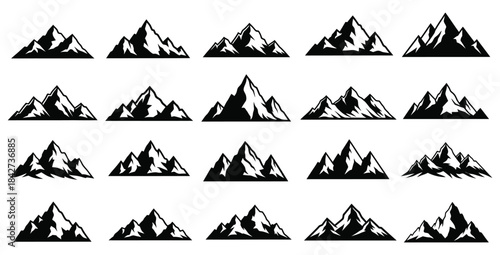 Collection of twenty distinct black and white mountain range silhouettes perfect for adventure logos