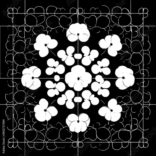 Floral pattern black and white flower design blossom bloom petals floral art nature garden botanical drawing 100 char