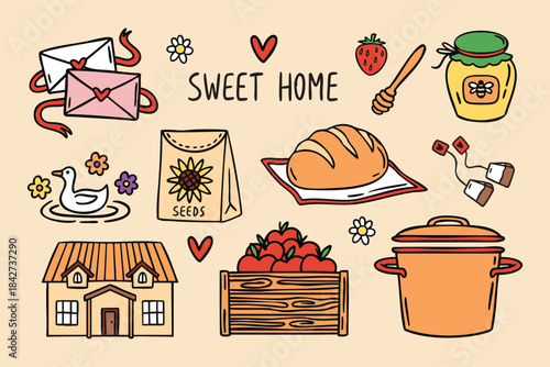 Sweet Home laundry set with basket, detergent and clothes, cozy hand drawn doodle style