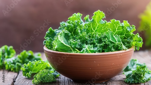 Crisp green kale leaves in a ceramic bowl, freshly washed and glistening with water droplets, set on rustic wood grain background, symbolizing clean eating