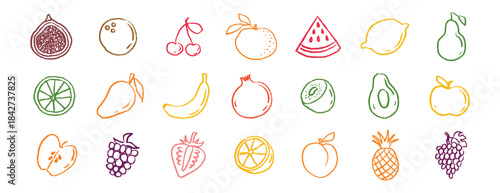Fruit icons chalk hand drawn doodle set. Drawing crayon fruit