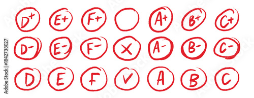 Hand drawn school grade circles red marks set educational design