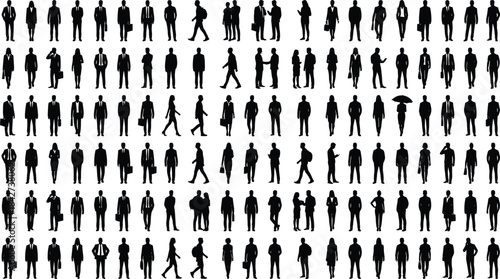 Large collection of business people silhouettes walking, standing and interacting, versatile vector set for corporate design, presentation, communication, teamwork and professional concepts