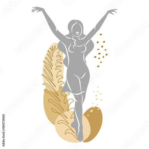 Silhouette of a cute lady and leaves of a plant. The girl is standing. The woman has a beautiful figure. She is young and slim. Vector illustration.