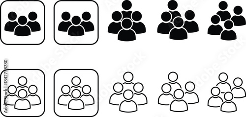 Group of people icons in solid and outline style, teamwork and community symbols, modern vector set for business, communication and social media design