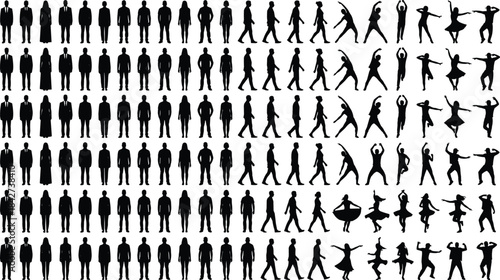 Large collection of human silhouette poses, walking, standing and dancing figures, versatile vector set for animation, motion design, illustration and creative projects