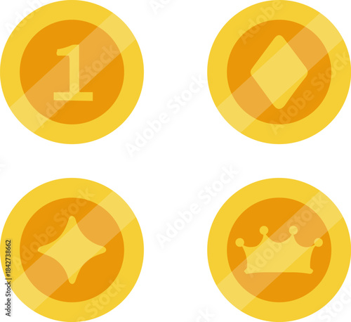 “gold game tokens with crown, diamond, star, number icons”