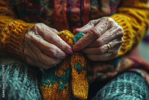 An elderly person busily working on a pair of colorful socks using a knitting technique.