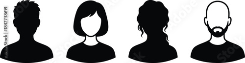 Silhouette avatars of diverse people, male and female profile icons, anonymous human head illustrations for social media, user interface, identity design