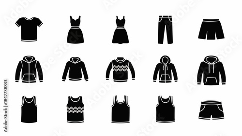 Collection of Black Clothing Icons for Fashion and Apparel Design.