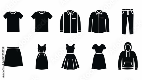 Collection of Black Clothing Icons Representing Various Apparel Types.