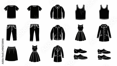 Collection of Black Clothing and Shoe Icons for Fashion Design.