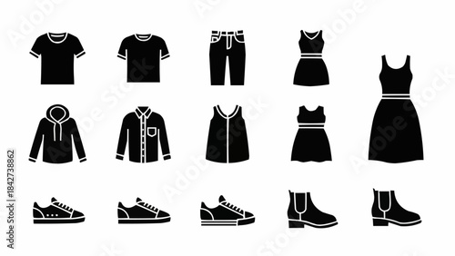 Collection of Black and White Fashion Clothing and Footwear Icons.