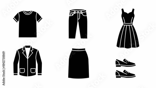 Collection of various clothing items and accessories in black silhouette.