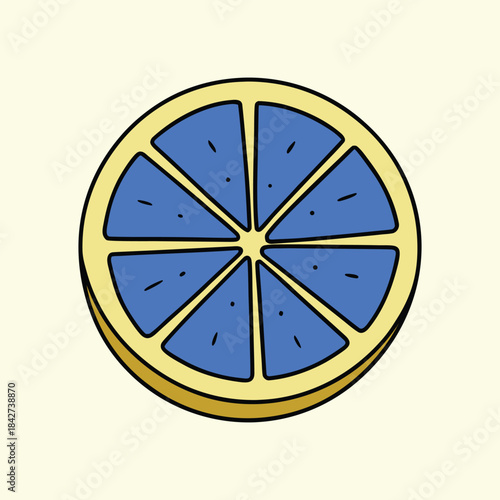 Blue citrus fruit slice with yellow rind and black outline blue fruit