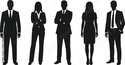 Business people silhouettes in professional attire, male and female corporate figures standing confidently, modern vector illustration for leadership, teamwork, office and corporate design concepts