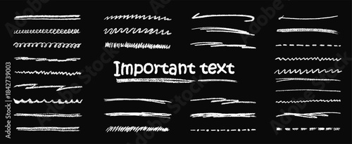 Abstract underline line bundle kit with white chalk pencil watercolor brush and crayon texture showing hand drawn stroke doodle effect adding bold color detail for blackboard themed vector art design.