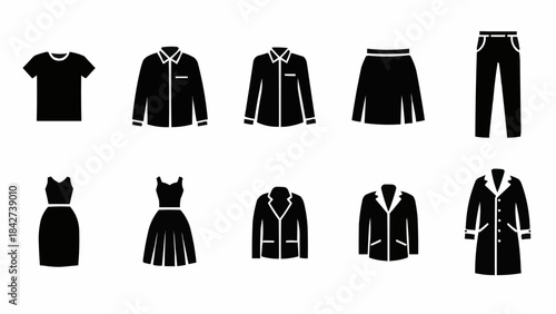 Collection of black clothing icons for fashion and design.