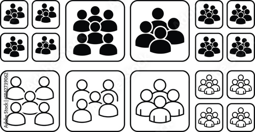 Group of people icons in multiple sizes, solid and outline styles, modern vector set representing teamwork, community, communication, social connection and collaboration concepts