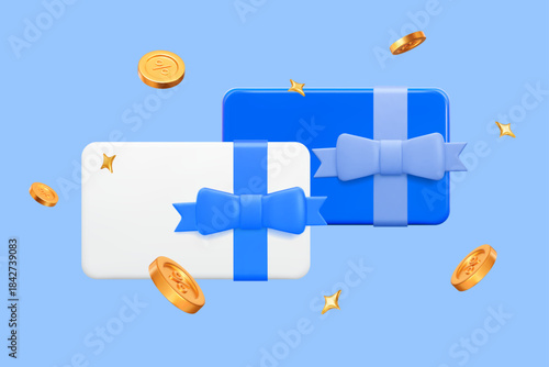 3d blue and white gift cards with flying golden percentages and stars on sky blue isolated background. Stock vector illustration.