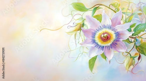 Detailed portrait of Passiflora incarnata with curling tendrils and star-like floral symmetry under soft light