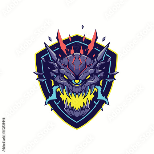 Intensely Furious Dark Blue Oni Dragon Mascot Head with Sharp Fangs and Flames on a Protective Shield Emblem.