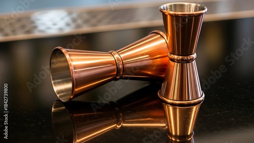 Two Copper Jiggers for Bartending on a Reflective Surface.