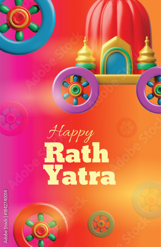 Happy Rath Yatra holiday 3D style vector poster, festive bright colorful chariot and wheels, temple cart Indian festival