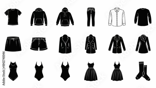Collection of Black and White Fashion Clothing Icons.