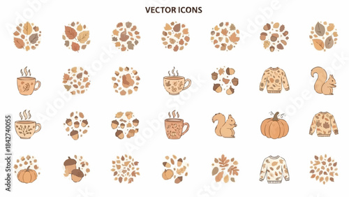 Autumn vector icons set with leaves pumpkins and hot drinks.