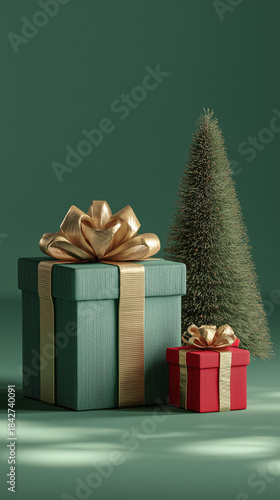 Elegant Green and Red Christmas Gift Boxes with Gold Ribbons and Tree on Green