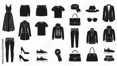 Silhouettes of womens fashion clothing and accessory collection.