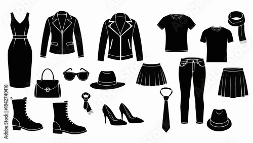 Collection of Black Fashionable Clothing and Accessories for Women.