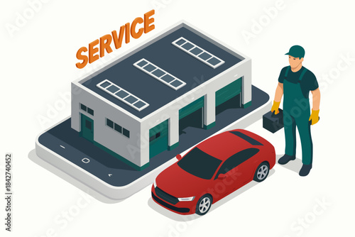 Mechanic standing beside car and digital service building