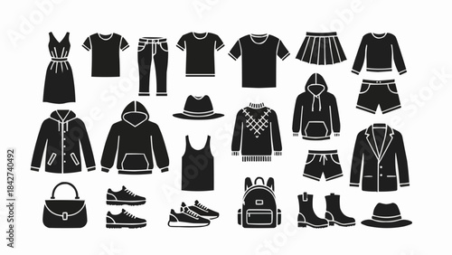 Collection of Black Silhouette Fashion Clothing and Accessories Icons.