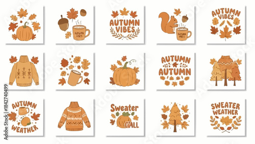 Autumn Vibes Collection Featuring Pumpkins Sweaters Squirrels and Cozy Drinks.