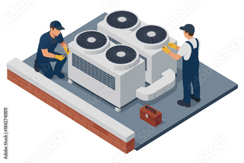 Technicians installing air conditioning units on rooftop