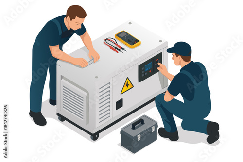 Two technicians servicing industrial generator with toolbox nearby